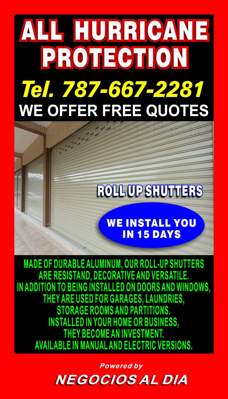 All Hurricane Protection. Call for free estimates 787-667-2281. We offer the sale and installation of aluminum shutters, designed to withstand winds up to 140 mph. Available in decorative, manual, or electric operation, our versatile shutters can be installed on doors, windows, garage doors, sliding doors, laundry rooms, and division areas. Perfect for homes or businesses, they’re a valuable investment for your property.