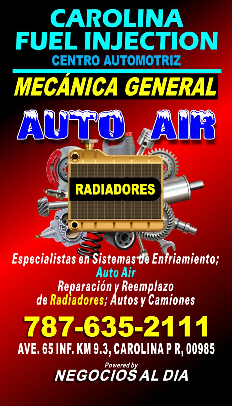Carolina Fuel Injection | Técnico Auto Air. Diagnóstico y reparación de aire para autos. Teléfono 787-635-2111. Estamos ubicados en la Ave. 65 Inf. en Carolina, Puerto Rico. Ofrecemos servicio completo para su vehículo. En el área del sistema de enfriamiento, contamos con técnicos especializados en diagnóstico y reparación de aire acondicionado, así como en la reparación y venta de radiadores. Visítenos y con gusto resolveremos los problemas de su auto.
