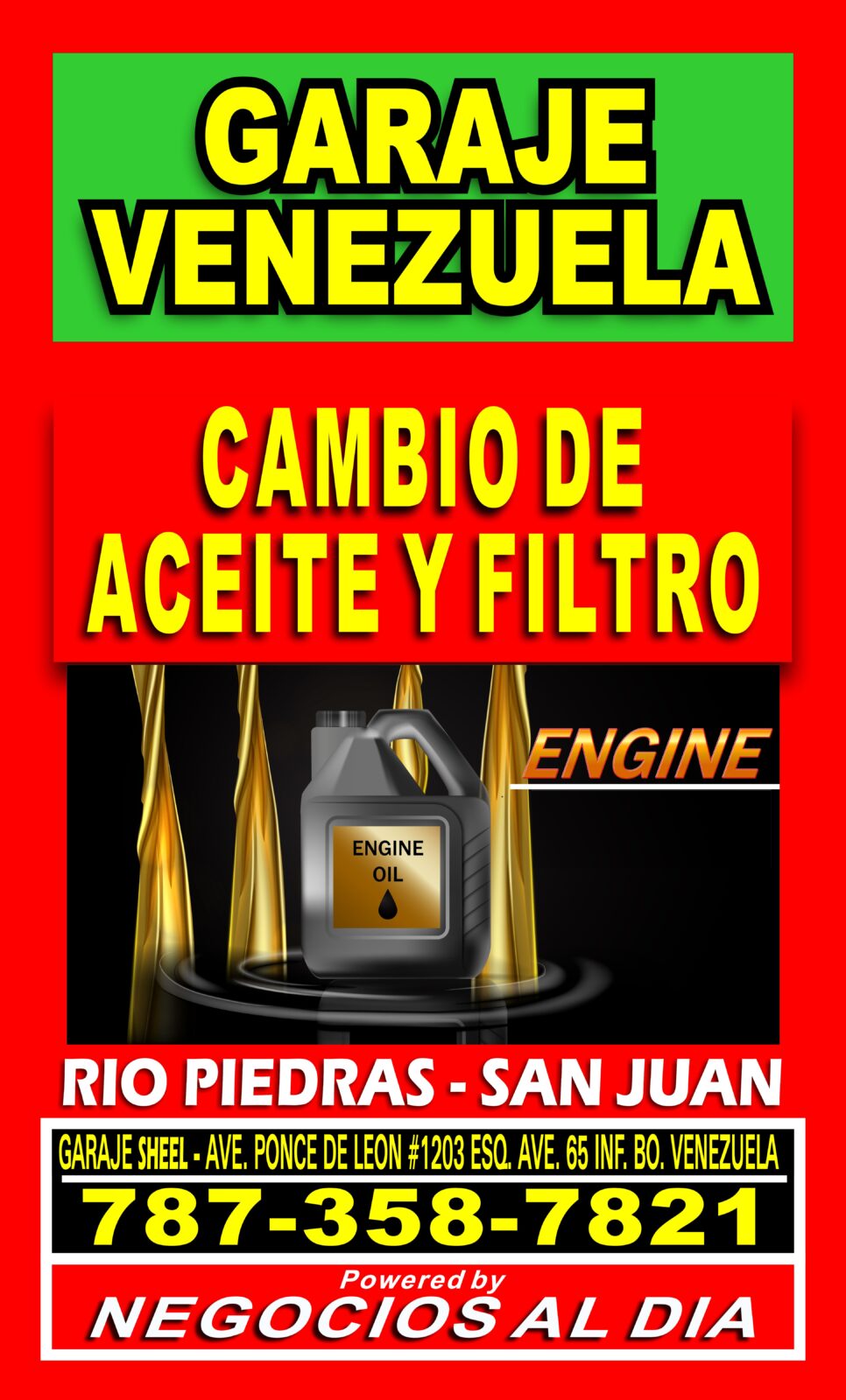 Garaje Venezuela | Cambio de Aceite y Filtro Teléfono en rio Piedras. 787-358-7821. Ave. Ponce de León, esquina Ave. 65 Inf., Río Piedras, San Juan (Gasolinera Shell).