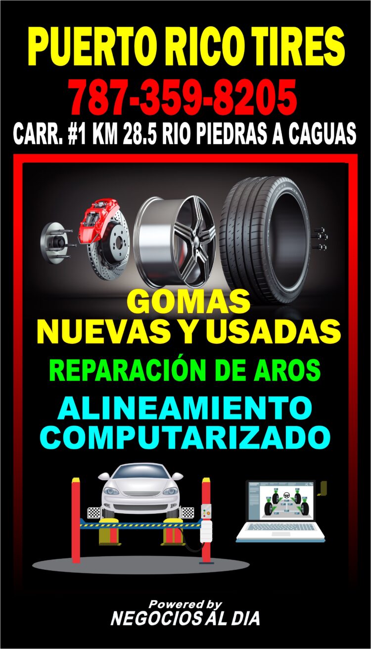 PUERTO RICO TIRES, teléfono 787-359-8205. Ubicada en la Carretera #1, kilómetro 18.5, de Río Piedras a Caguas Puerto Rico. Ofrecen venta de gomas nuevas y usadas con un amplio inventario que incluye gran variedad de tamaños y marcas para diferentes modelos de autos. También brindan servicios como reparación de gomas con inyección o parches, montura, balanceo electrónico y rotación de gomas, disponibles en todo momento. Además, reparan aros al instante mientras el cliente espera. También ofrecen servicio de alineamiento y balanceo computarizado.