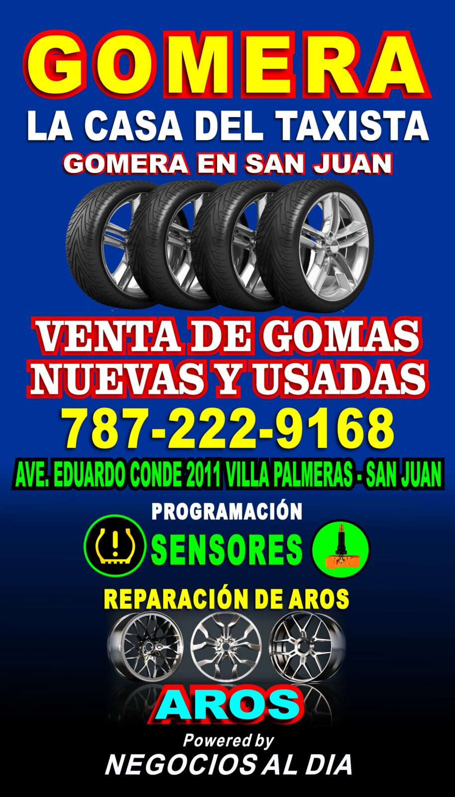 Gomera La Casa del Taxista en San Juan. Teléfono: 787-222-9168. Ubicados en la Ave. Eduardo Conde #2011, Villa Palmeras, San Juan, Puerto Rico, 00915. Ofrecemos venta de gomas nuevas y usadas, balanceo electrónico, programación de sensores y reparación de aros al momento.