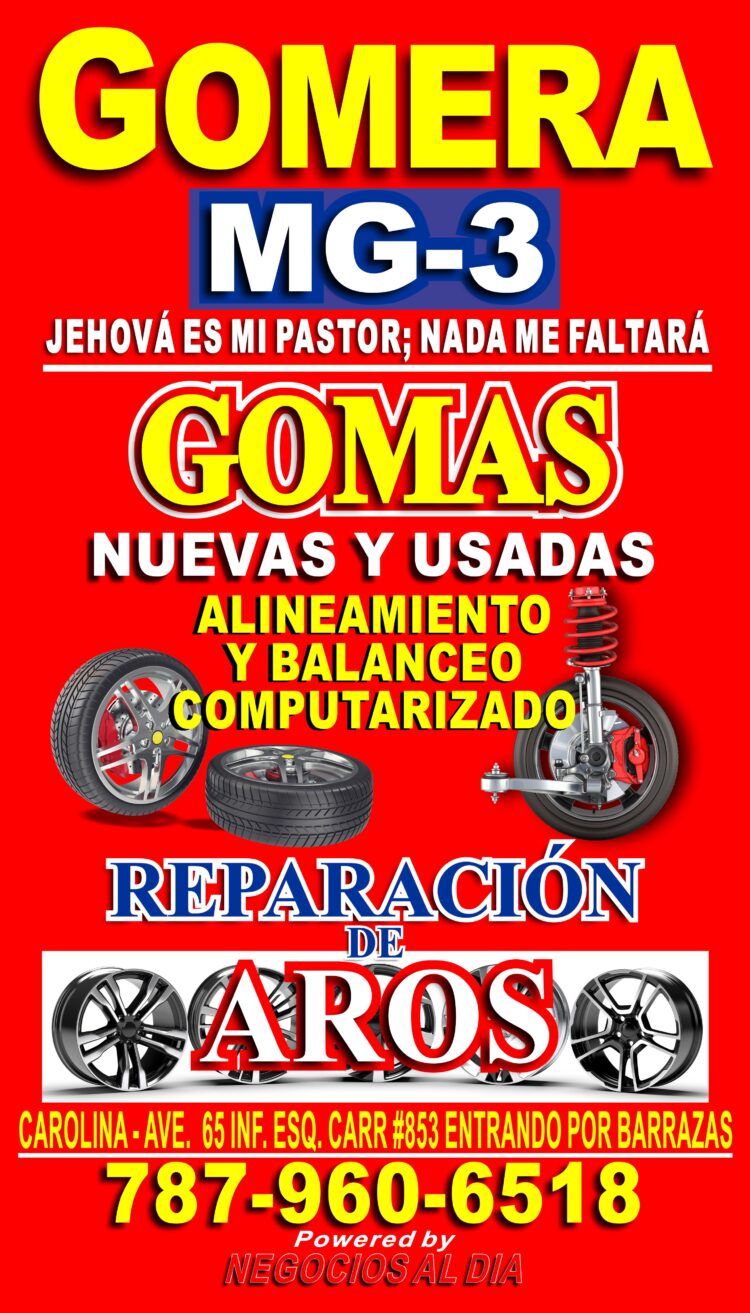 Gomera MG-3 en Carolina está ubicada en la Ave. 65 de Infantería, esquina con la Carr. #853, Carolina, Puerto Rico 00987. Teléfono: 939-399-0006. Ofrece venta de gomas nuevas y usadas, alineación y balanceo electrónico, además de reparación de aros al instante.
