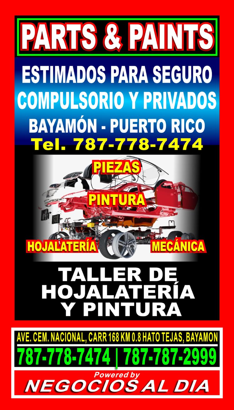 Estimados para seguro compulsorio y privado en Bayamón, Puerto Rico | Parts and Paint, Taller de hojalatería y pintura en Bayamón. Teléfonos: 787-778-7474 / 787-787-2999. Ubicados en la Avenida Cementerio Nacional, Carretera 168, Km 0.8, Hato Tejas, Bayamón, Puerto Rico.