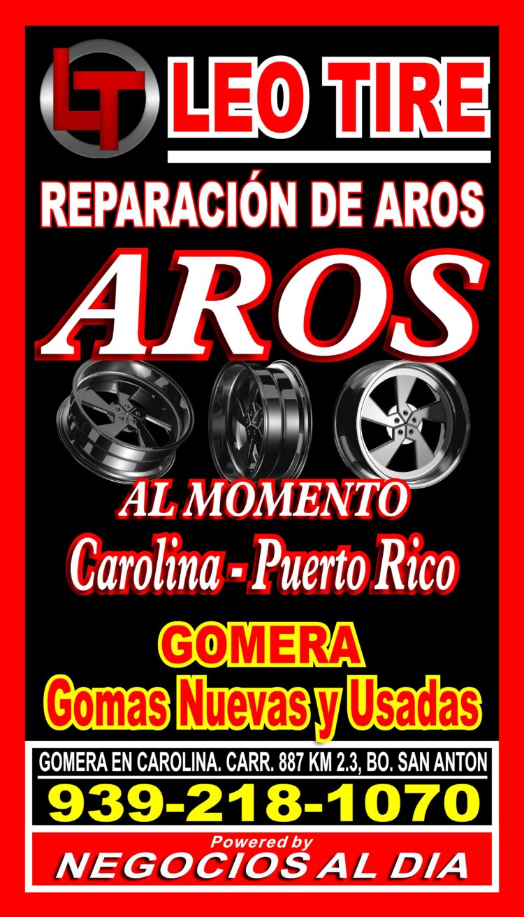 ¡Gomera para reparar aros en Carolina! Leo Tire, teléfono 939-218-1070, ubicados en la Carr. 887 Km 2.3, Bo. San Antón, Carolina, Puerto Rico. Reparamos aros doblados, rayados, golpeados o rotos al instante, dejándolos como nuevos. También contamos con venta de gomas nuevas y usadas, además de balanceo electrónico.
