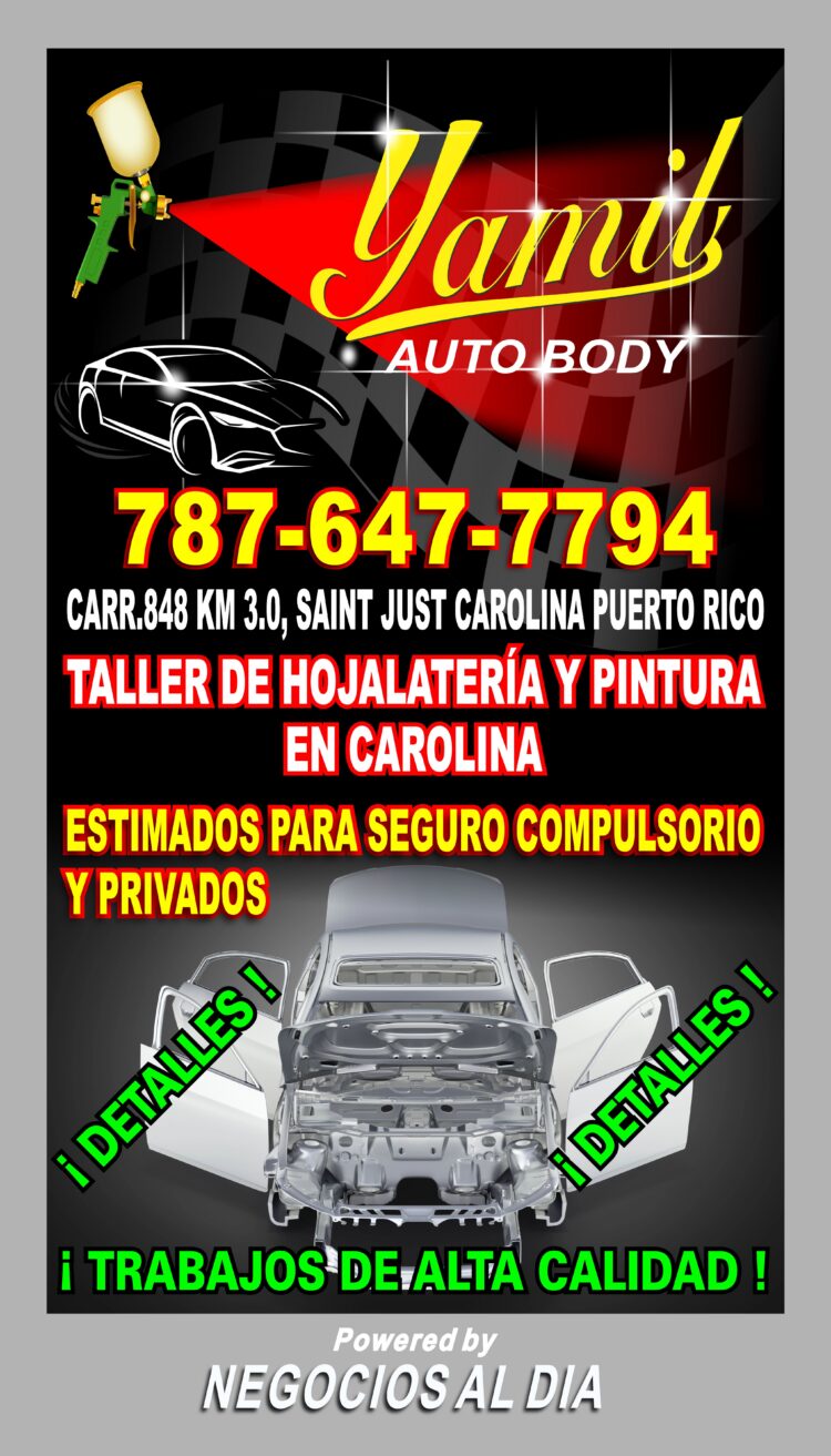 YAMIL AUTO BODY | Taller de hojalatería y pintura en Carolina. Teléfono: 787-647-7794. Ubicados en la Carr. #848 Km 3.0, Saint Just, Carolina, Puerto Rico, 00983. Ofrecemos estimados para seguro compulsorio y privados en nuestro amplio taller, con servicio de hojalatería y pintura para la mayoría de marcas y modelos de autos. Contamos con técnicos especializados y facilidades seguras para dejar su vehículo.